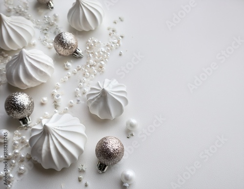Close-up white meringues, christmas glass ball decorations and white glitters on white background with copy space. Cloud Dancer color of 2026 year