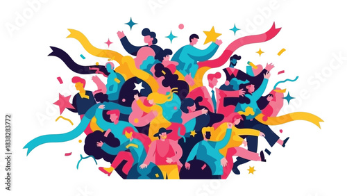United Crowd: A dynamic illustration features a vibrant crowd of people celebrating, with a multitude of colors and elements intertwining to convey a sense of joy and unity.