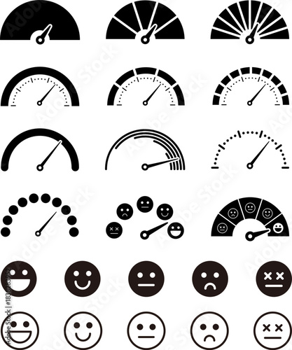 スピードメーターのと顔文字のセット。いろんなタコメーターのデザイン。顧客満足度やスコア、評価のアイコン。モノクロ。