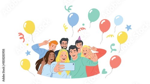 Joyful Celebration Selfie: A radiant group gathers for a selfie amidst a vibrant swirl of balloons and confetti, capturing a moment of pure celebration and togetherness.