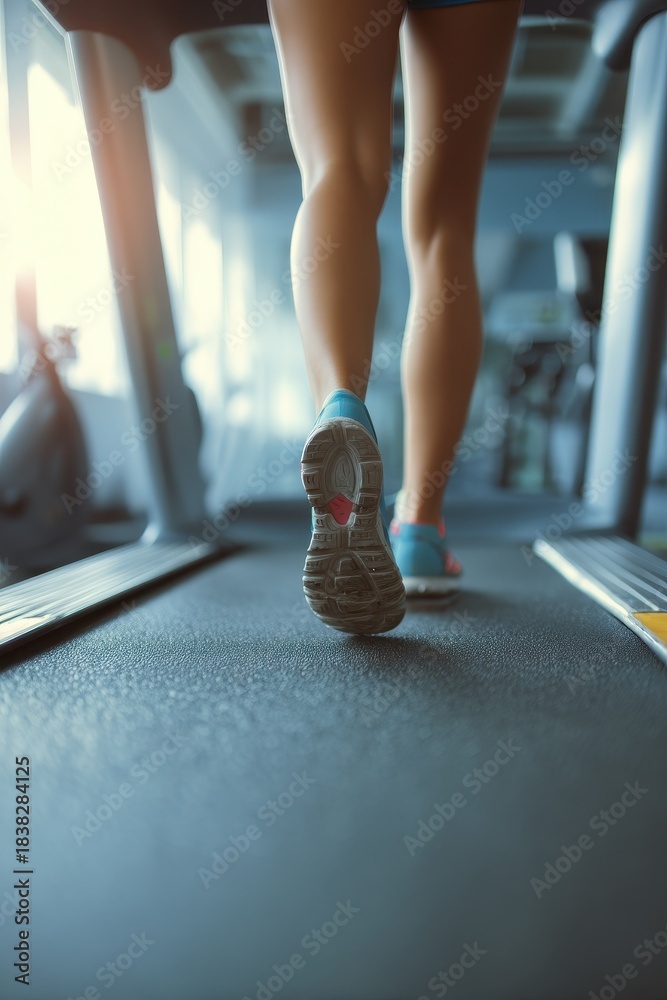 Obraz premium Close up of athletic legs running on treadmill in bright gym setting
