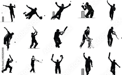 Silhouettes of cricket players in various action poses
