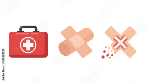 Collection of Healthcare Icons First Aid Kit, Bandages, and Wound Treatment Symbols