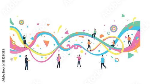 Illustration of Path to Connection: A vibrant illustration showcasing interconnected individuals navigating colorful pathways, celebrating communication and engagement.