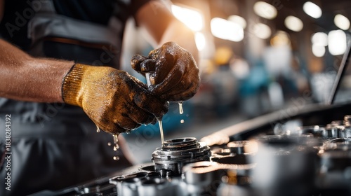 Mechanic hands in dirty gloves pouring oil into engine component