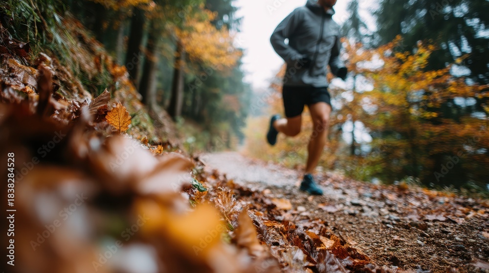 Naklejka premium Man trail running on path covered with autumn leaves in forest