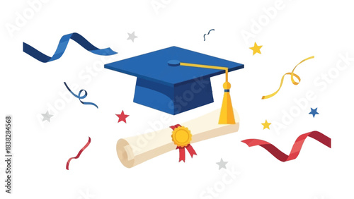Graduation Celebration: A festive illustration of a graduation cap, diploma, and confetti, symbolizing academic achievement and celebration.