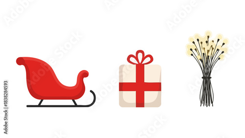 Christmas Sleigh Gift and Lights Decorations Vector Icons