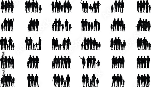 Large Collection of Family and People Group Silhouettes Standing Together, Representing Community, Teamwork, Society, and Relationship Diversity Vector Set.