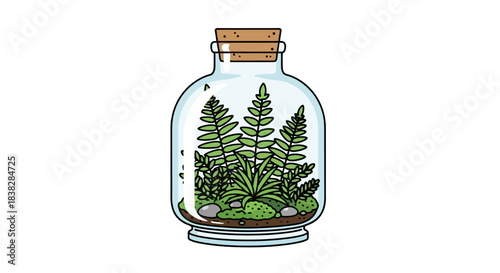 Terrarium with lush green plants inside a glass bottle on a white background