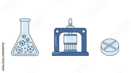 Laboratory beaker with chemical reaction and industrial press with pill