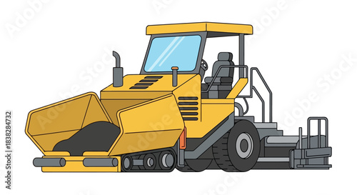 Yellow asphalt paving machine isolated on white background, heavy equipment
