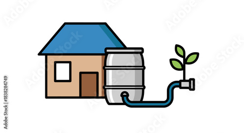Sustainable home with rainwater harvesting system illustration, collecting water in a barrel for garden irrigation and conservation