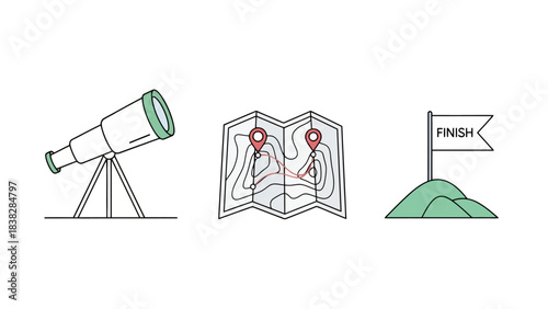Planning and Navigation Icons Telescope, Map, and Finish Flag