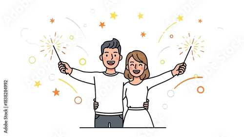 Celebratory Sparklers: A cheerful couple stands side by side, holding sparklers that illuminate their smiles, surrounded by a constellation of celebratory stars and fireworks.