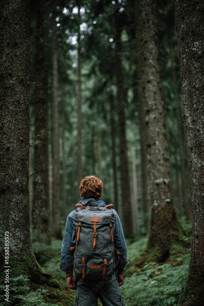 Fototapeta premium Hiker with backpack standing in dense mossy forest looking ahead