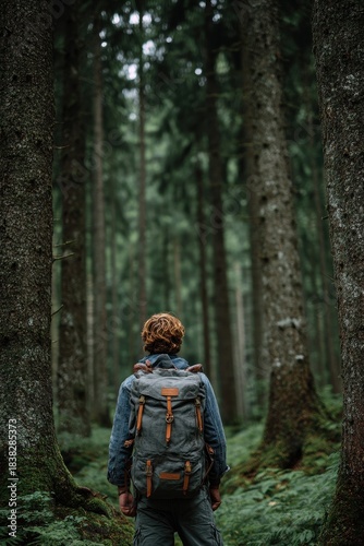 Hiker with backpack standing in dense mossy forest looking ahead