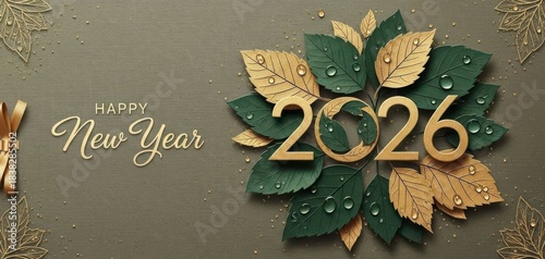 Happy new Year 2026 logo and premium wish card with leaf style