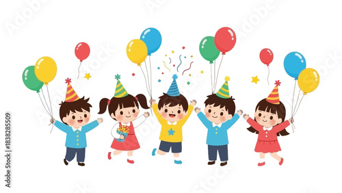 A Party of Joy: Playful children with party hats, joyful expression and colorful balloons, dancing in a scene of pure celebration and childhood magic.