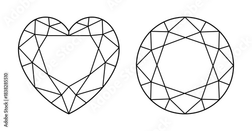 Heart, Circle diamond cut shape icons. Design diagram. Brilliant Heart, Circle shaped modified cut. Set of Precious gemstone outline patterns for jewellery design, branding, packaging, logo, web, app.
