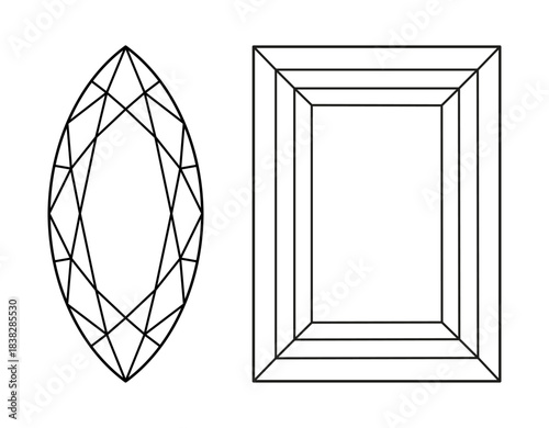 Marquise, Baguette diamond cut shape icons. Design diagram. Brilliant Marquis, Baguette cut. Diamond top view. Precious gemstone outline icon for jewellery design, branding, packaging, logo, web, app.