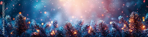 Panoramic Winter Forest with Twinkling Lights and Snowflakes, a Magical Scene