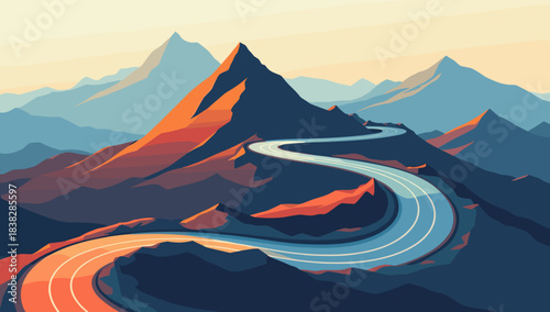 A vivid mountain road hairpin turn snaking around dramatic orange slopes and distant peaks, concept of adventurous journey