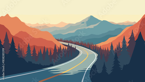 A tranquil mountain road hairpin turn leading through pine forest toward layered warm peaks, concept of peaceful nature travel