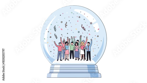 Celebration in a Snow Globe: A vibrant group of figures jubilantly celebrates within the confines of a snow globe, embracing the enchantment of the moment with shared cheer and merriment.