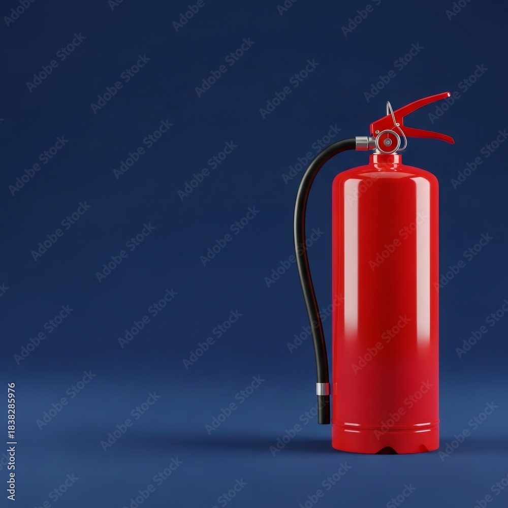 Obraz premium Red fire extinguisher with black hose on a blue background. Fire safety equipment for emergency, prevention, and protection.