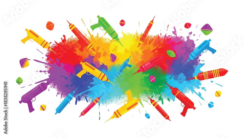 Colorful Festival Splash: A vibrant celebration explodes with splashes of vivid color, symbolic of joy and togetherness, and the water guns add to the playful atmosphere.