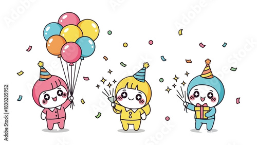 Festive Celebration: Delightful characters revel in a festive occasion, balloons, confetti, and party hats, creating an atmosphere of joy and celebration.