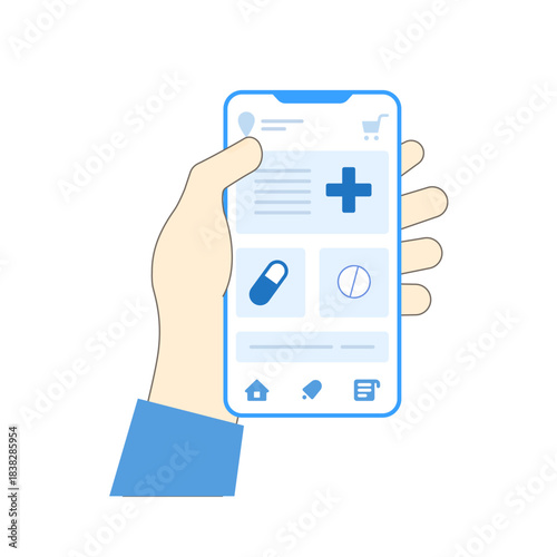 Human hand holding smartphone with pharmacy mobile app on the screen. Flat geometric style.