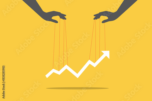 Hand controlling an upward arrow with strings like a puppet, symbolizing market manipulation, controlled growth, business influence, financial control, and success management