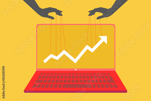 Hand controlling an upward arrow with strings like a puppet, symbolizing market manipulation, controlled growth, business influence, financial control, and success management