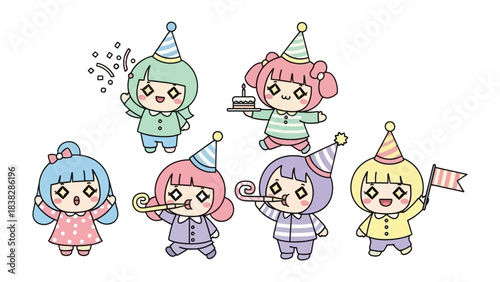 Joyful Party of Cartoon Characters: A gathering of adorable cartoon characters, each with its unique charm, celebrating a party in a world of animated fun and togetherness. 