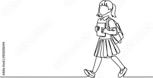 Single continuous line drawing of schoolgirl style with hold note and bag go to school. Education concept one line draw design. one line Icon drawing