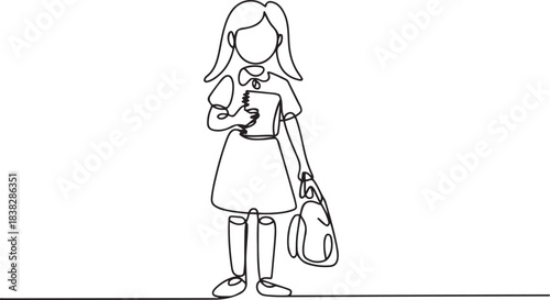 Single continuous line drawing of schoolgirl style with hold note and bag go to school. Education concept one line draw design. one line Icon drawing