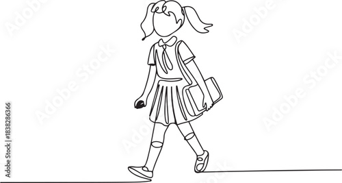 Single continuous line drawing of schoolgirl style with hold note and bag go to school. Education concept one line draw design. one line Icon drawing
