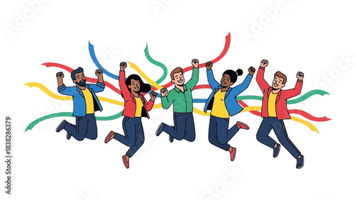 Colorful Celebration: Illustration of a diverse group of people joyfully celebrating, with vibrant streamers in the background, conveying a sense of unity and shared achievement. 