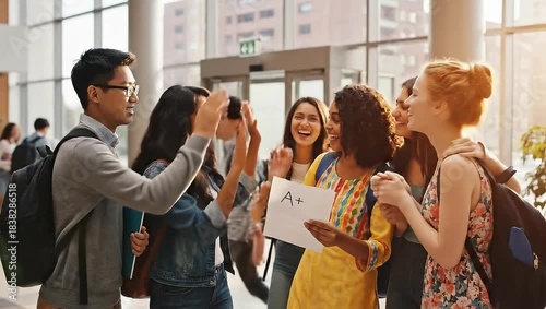 Diverse group of happy university students celebrating excellent exam results holding an A plus paper in a college hallway