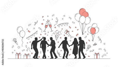 Celebratory Silhouette: A group of individuals celebrate, encompassed by festive decorations like balloons, confetti and gift boxes, creating a joyous and lively atmosphere.