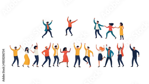 Celebration of Diversity: A vibrant illustration showcasing a diverse group of individuals in mid-celebration, dancing joyfully against a simple background.