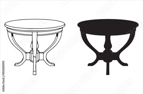 A comparative illustration of a round table in line drawing and silhouette