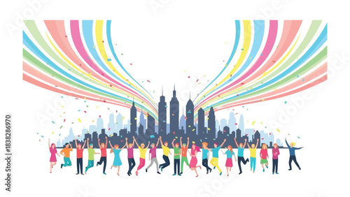Celebration City Skyline: Celebrating a city skyline, with joyful figures beneath streaks of vibrant colors.