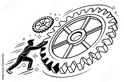 Determined professional forcefully pushing massive operational gears to drive dynamic business progress and momentum