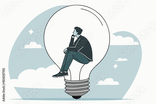 Contemplative businessman sits inside a giant lightbulb symbolizing brilliant thinking and innovative business ideas taking shape