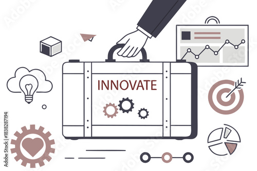 Executive hand carrying innovate briefcase surrounded by strategy icons symbolizing growth and brilliant new ideas for success