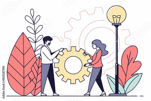 Dynamic business partners collaborate to build a successful strategy symbolized by a large turning gear and bright idea lamp