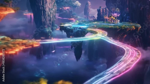 Fantasy landscape floating islands with colorful lights and winding paths